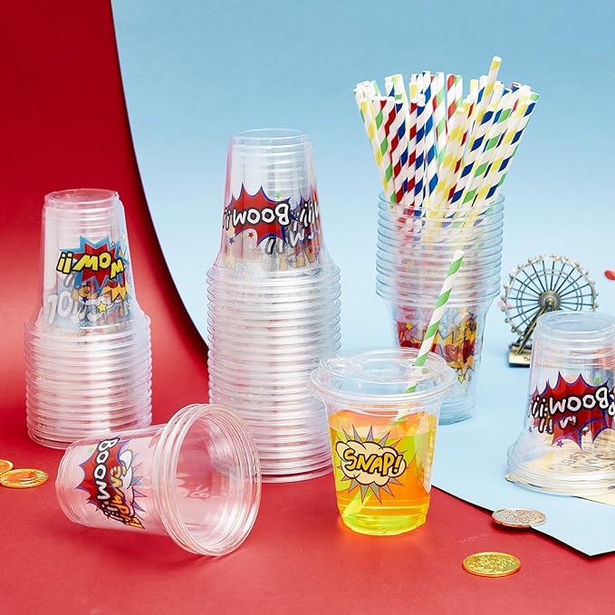 Boao 36 Sets Hero Party Cups with Lids and Paper Straws 14 oz Hero Birthday Party Supplies Favors Disposable Clear Plastic Cups Bulk