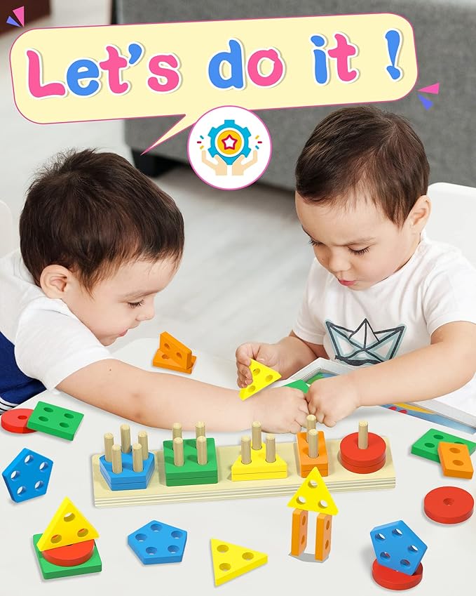 Montessori Toys for 1 2 Year Old Girl and Boy Birthday Gifts, Shape Sorter Wooden Toys for Toddlers Age 1-3 2-4, Learning Educational Sensory Stacking Easter Basket Stuffers Toy Toddler Puzzles
