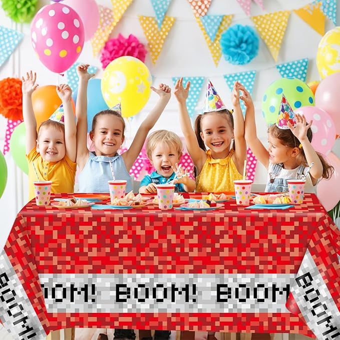 3PCS Pixel Party Table Cover for Video Game Themed Birthday Decoration Pixel Gaming Birthday Tablecloth Waterproof Gamer Mining Tablecloth for Kids Gamer Mining Party Supplies Decorations