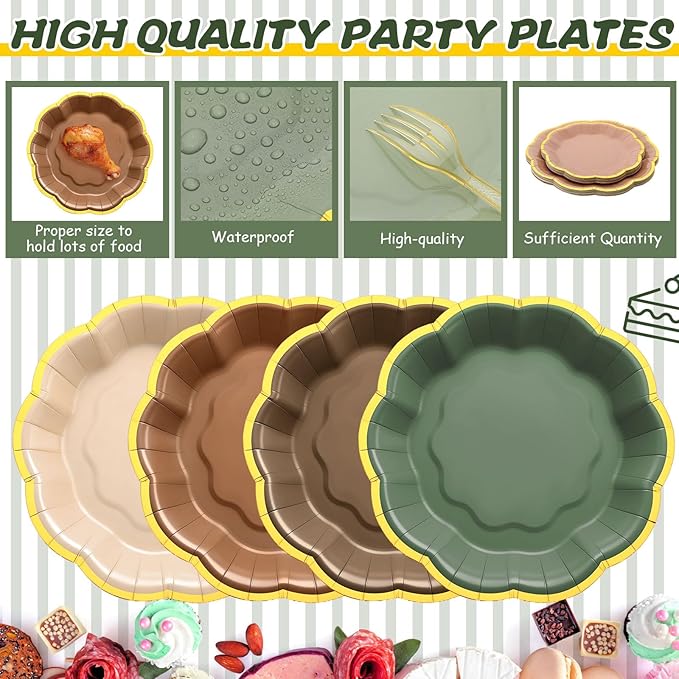 Vesici 60 Pcs Sage Green and Brown Woodland Party Plates with Napkins 9 Inch 7 Inch Paper Plates and Disposable Napkins with Gold Foil Border for Tea Birthday Bridal Baby Shower Wedding Party Supplies
