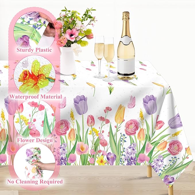 Kochorie Spring Flower Tulip Tablecloth Roll 54 Inch x 100 Feet Plastic Floral Disposable Table Cover Butterfly Wildflower Themed Backdrop for Spring Floral Tea Party Birthday Wedding Decor