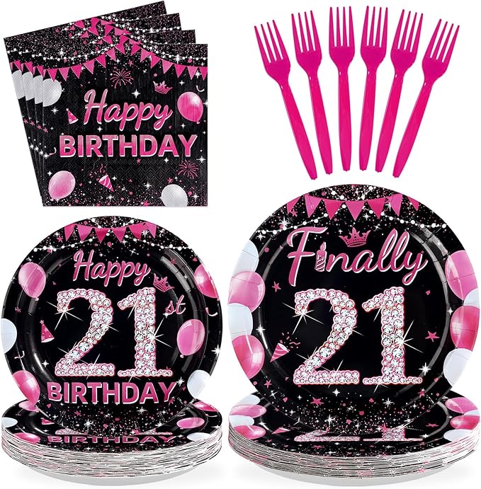 96Pcs 21st Birthday Party Supplies Black and Hot Pink Plates Forks and Napkins Diamond Finally 21 Disposable Paper Tableware Set for Girls 21 Year Old Birthday Party Supplies Serves 24