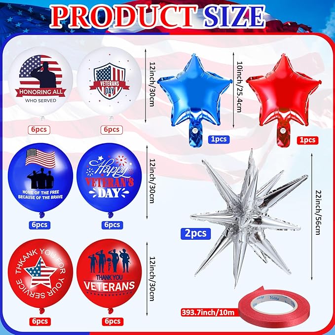 Hungdao Veterans Day Balloons Set 12 Inch American Blue Red White Balloon Thank You Veteran for Patriotic Independent Theme 4th of July Memorial Decorations Party Supplies(Veterans Day)