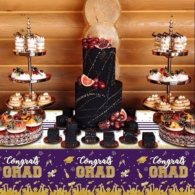 chiazllta Set of 3 Graduation Tablecloths Class of 2025 Congrats Grad Purple Graduation Party Tablecover Decorations Party Supplies Large Size Plastic 54"x108"(Purple & Gold)
