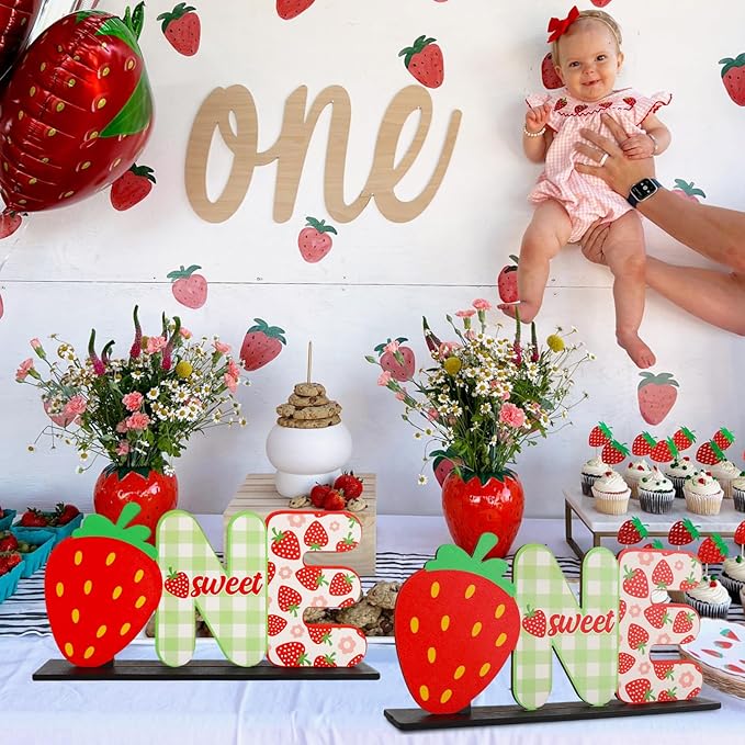 Strawberry Sweet ONE Letter Sign Table Centerpieces for My Baby Girl Berry First Birthday Decor,Birthday Decorations for One Year Old Party Supplies(2 Set)
