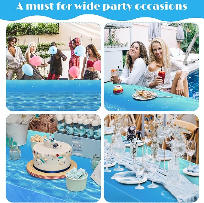 Kochorie 54 Inch x 100 Ft Ocean Waves Plastic Tablecloth Roll in Slide Cutter Box Under the Sea Table Cover Blue Water Print Backdrop Bulletin Board Plastic Roll for Beach Pool Birthday Party Decor