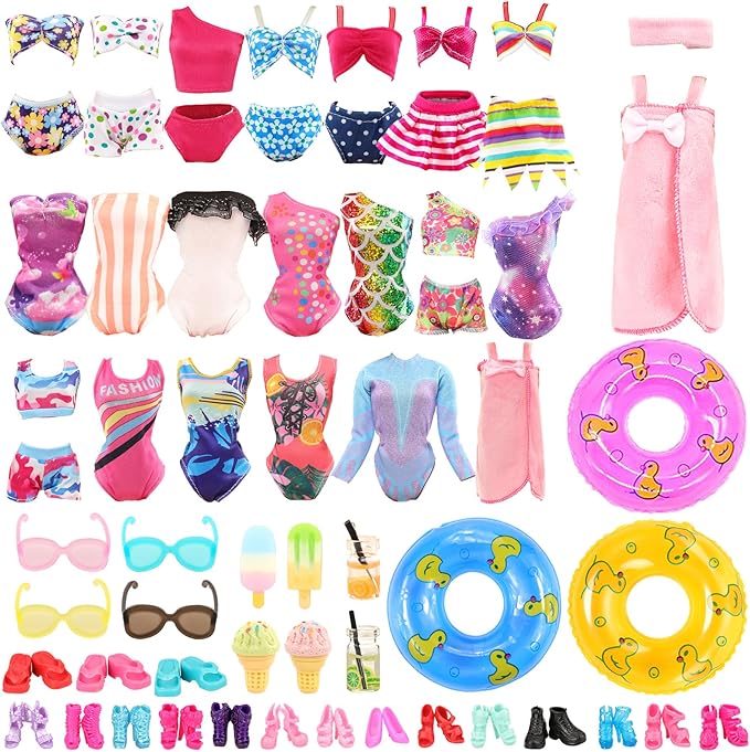Lot 26 Pack Doll Clothes and Accessories Beach Bathing Set Including 5 Swimsuit 1 Bathrobe 2 Swimming Rings with 18 pcs Glasses Shoes Drinks for 11.5 inch Girl Dolls