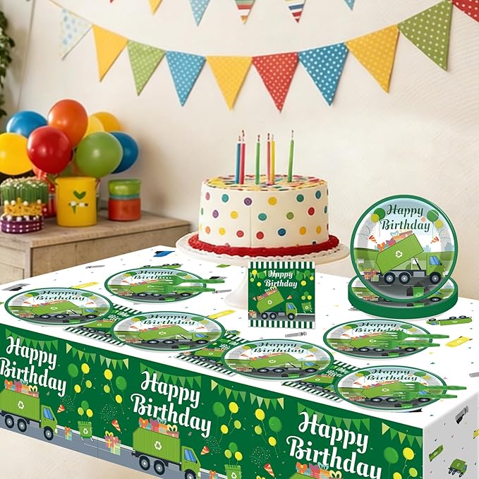 61 Pcs Garbage Truck Birthday Decorations Green Trash Party Tableware Rubbish Recycling Themed Supplies Plates Napkins Tablecloth for Birthday Parties Waste Management Celebrations Serves 20 Guests