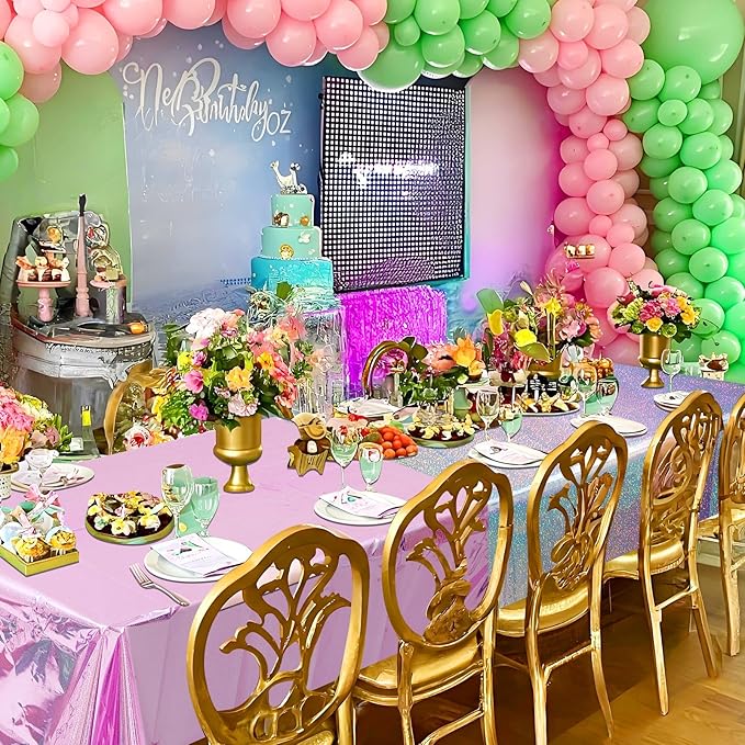 4 Pcs Witch Themed Holographic Tablecloth for Party Pink Green Silver Black 54" x 108" Wedding Witch and Princess Themed Movie Decoration Iridescent Metallic Plastic Glitter Laser Table Covers