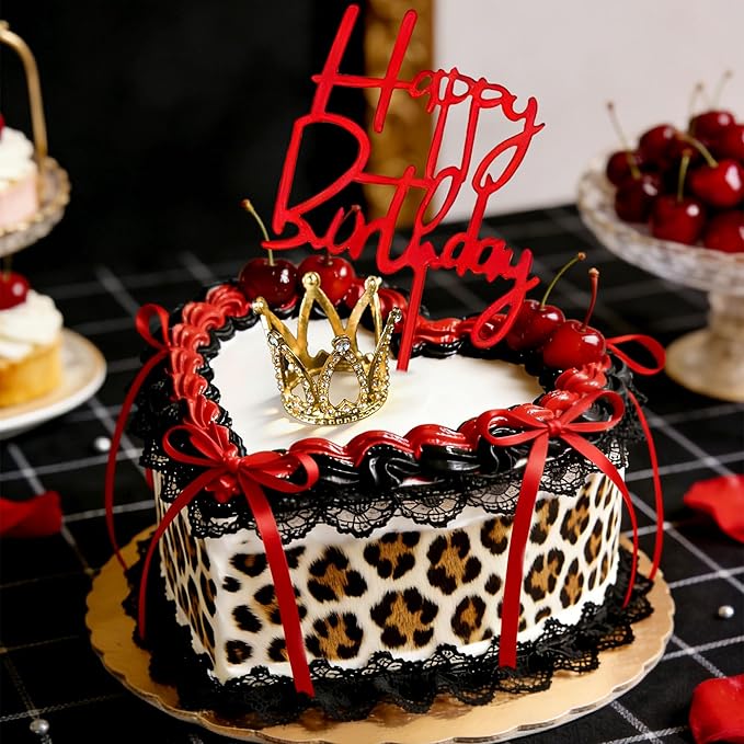Cheetah Cherry Cake Topper Leopard Birthday Party Decor Red Bows Gold Crown Cake Decorations Cheetah and Cherry Birthday Bachelorette Party Supplies