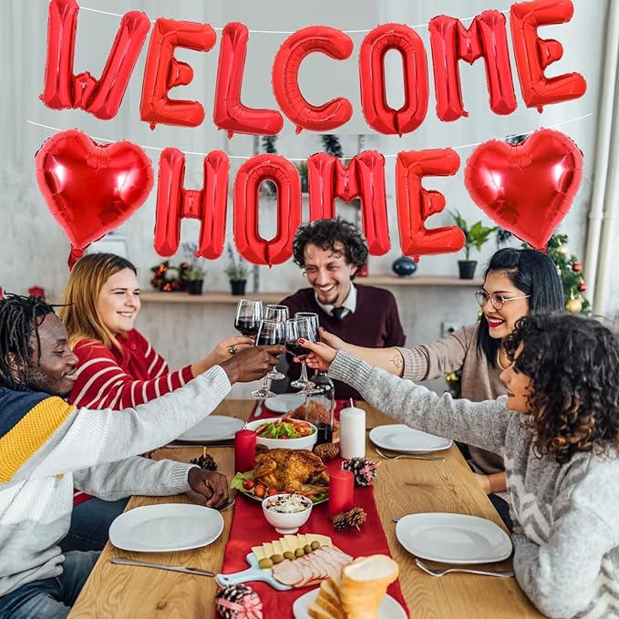 TONIFUL Welcome Home Balloons,16 Inch Red Welcome Home Foil Balloons Banner Welcome Home Party Decorations for Homecoming Party Decorations House Warming Party Family Gathering Supplies