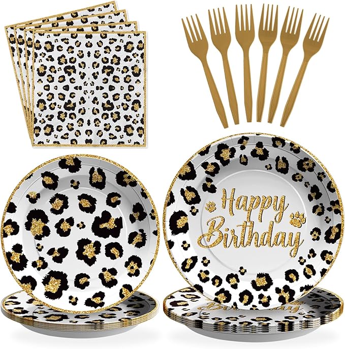 Grencian 96 Pcs Cheetah Print Birthday Decorations White Leopard Plates and Napkins Leopard Print Party Supplies Safari Themed Paper Plates for Jungle Safari Cheetah Theme Party Baby Shower Serves 24