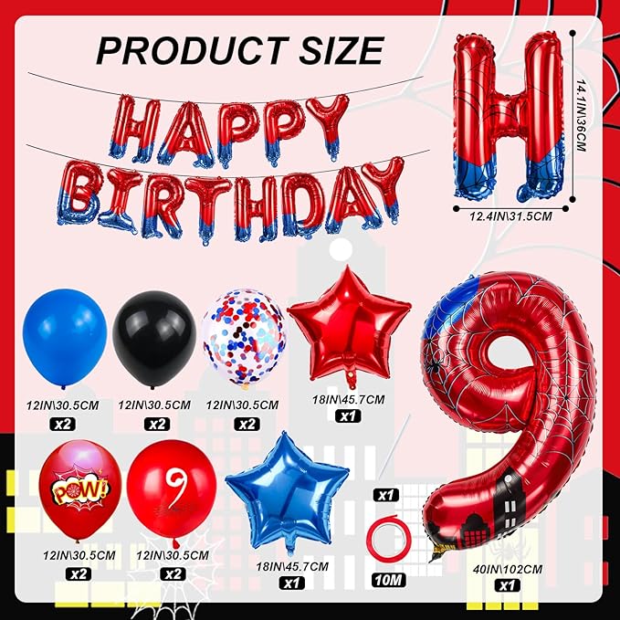 Cartoon Hero 40 Inch Red and Blue Spider Theme Number Foil Birthday Decoration Balloon, Spider Theme Happy Birthday Banner Party Decoration Balloon, Letter Logo Superhero Party Supplies (9)