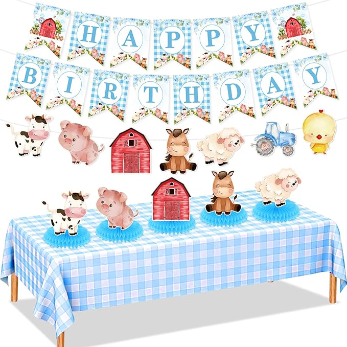 Blue Farm Animals Birthday Party Decorations for Boys Barnyard Baby Shower Supplies Set Includes Happy Birthday Banner Garland Tablecloth Honeycomb Centerpieces Watercolor Cow Pig Sheep Tractor Decor