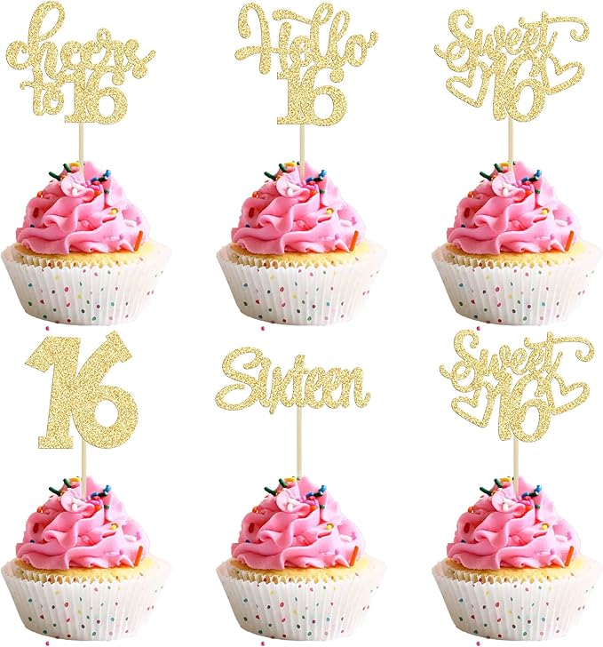30pcs 16th Birthday Cupcake Toppers - Sixteen Happy 16th Cupcake Picks - Cheers to Sweet 16 Cake Decorations - Gold Glitter