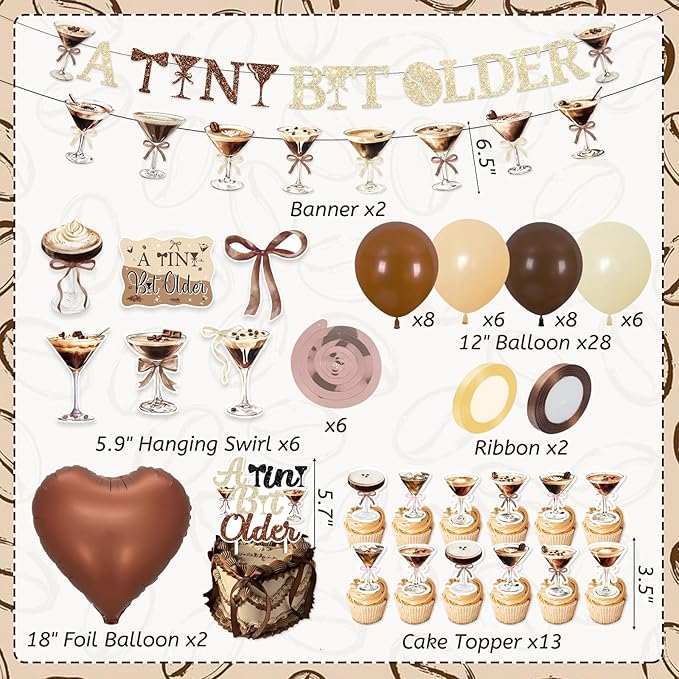 53Pcs Espresso Martini Birthday Party Decorations, A Tiny Bit Older Birthday Decorations Glitter Banner Cake Topper Balloons Ribbon for Girls Martini Bachelorette Bridal Shower Party Supplies