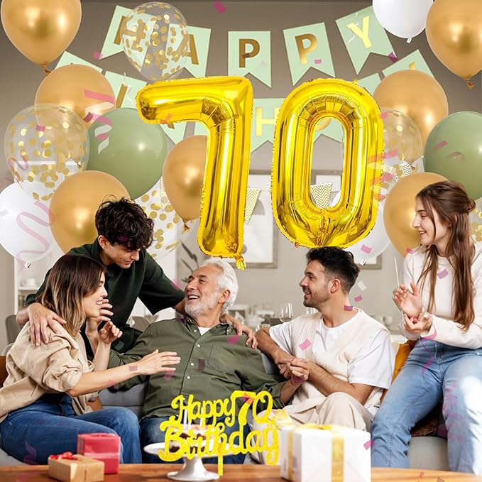 70th Birthday Decorations for Men Women, gold green Happy Birthday Party Decorations With Number 70 Balloons sage green Gold Confetti balloons Fringe Curtain Cake Topper For 70th Party Supplie