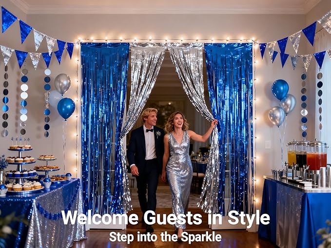 3packs Blue and Silver Foil Fringe Curtains, Blue Birthday Party Decorations Backdrop for Women, Graduation Decorations Tinsel,Retirement Tinsels for Man Him,Wedding Streamers-Each 3.3 x 6.5ft