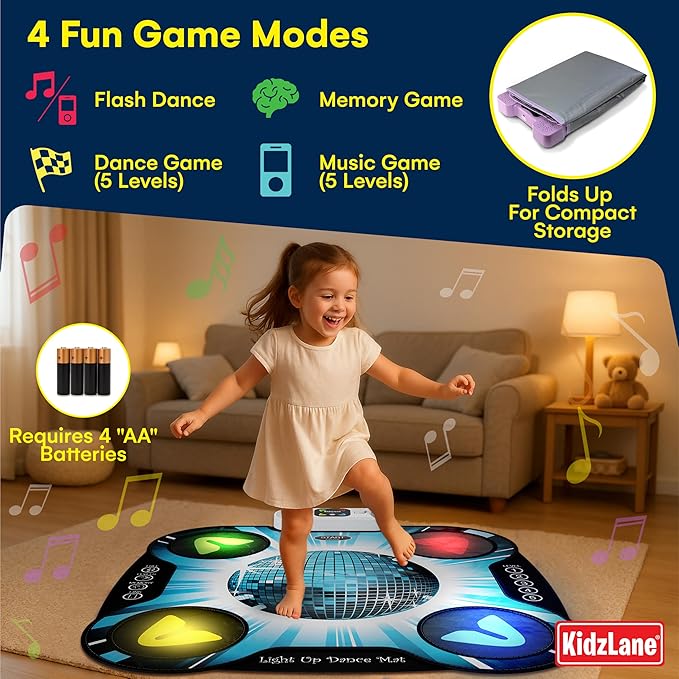 Kidzlane Light Up DJ Dance Mat for Kids - Bluetooth & AUX Compatible - 3 Fun Arcade Games with 5 Difficulty Levels - Detachable Discoball & Fairytail - Adjustable Volume - Ages 6+