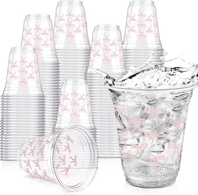 50 Pcs Pink Bow Snack Cups 12 oz Bow Plastic Cups Lovely Bowknot Tumbler for Birthday Wedding Party Supplies