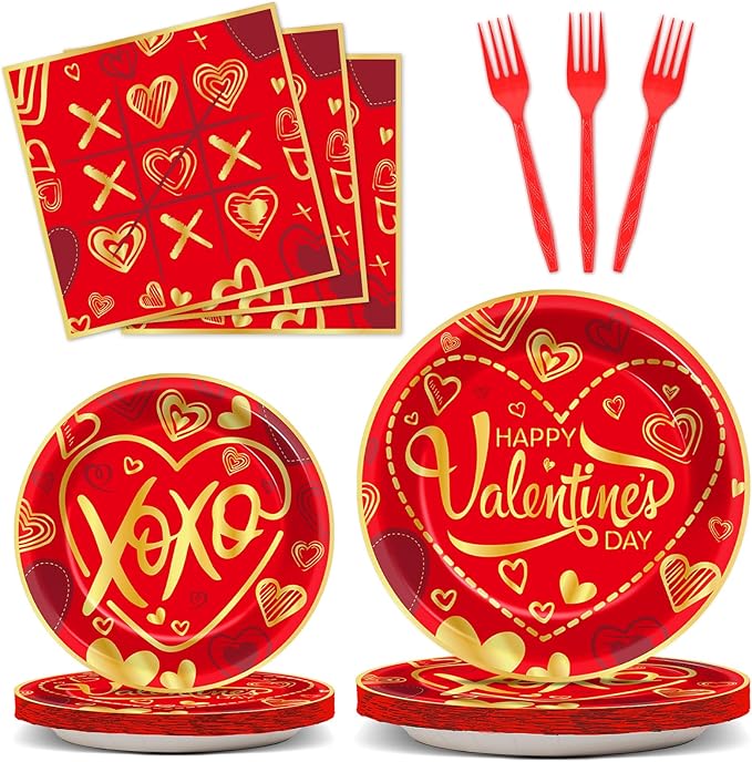 gisgfim 96 Pcs Valentine's Day Party Plates and Napkins Party Supplies Valentines Day Party Tableware Set Red and Gold Party Decorations Favors for Girls Boys Birthday Baby Shower Serves 24