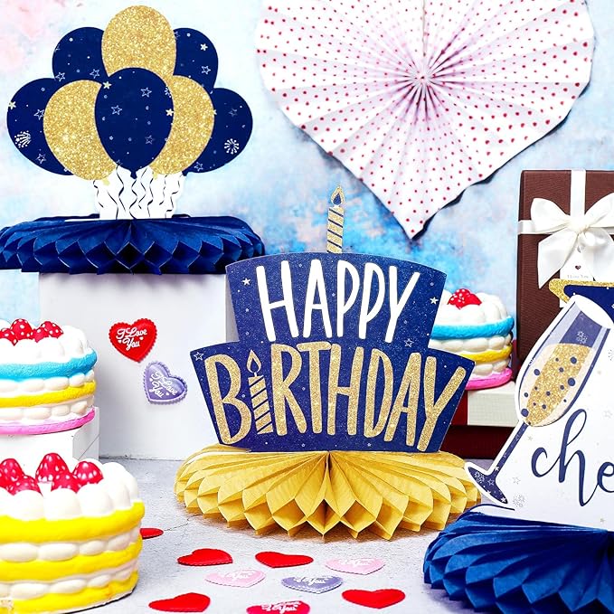 Spakon 8 Pieces Blue Gold Happy Birthday Table Decorations Happy Birthday Honeycomb Centerpieces Glitter Table Toppers Blue and Gold Party Decorations for Men and Women Party Supplies