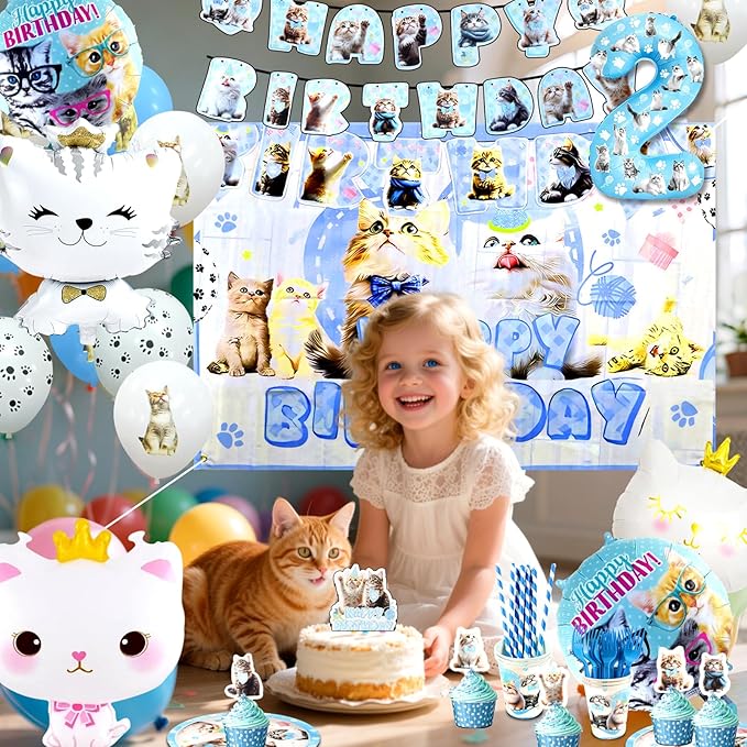 142Pcs Cat Birthday Decorations, Cat 2nd Birthday Party Supplies, Cat Birthday Party Decorations Include Plates Cups Napkins Tablecloth Balloons Cake Toppers for Kids Party