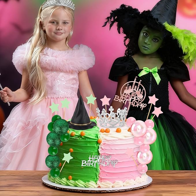 33 Pieces Pink and Green Cake Decorations with Mini Black Witch Hat, Silver Crown, Balloons, Happy Birthday Cake Topper for Girls Women Princess Witch Birthday Party Decorations Supplies