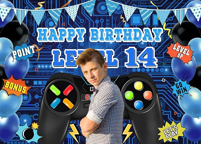 Game Theme Level 14 Birthday Backdrop Video Game Happy 14th Birthday Party Decorations Level Up Theme Boys Kids Birthday Party Supplies(7×5FT)