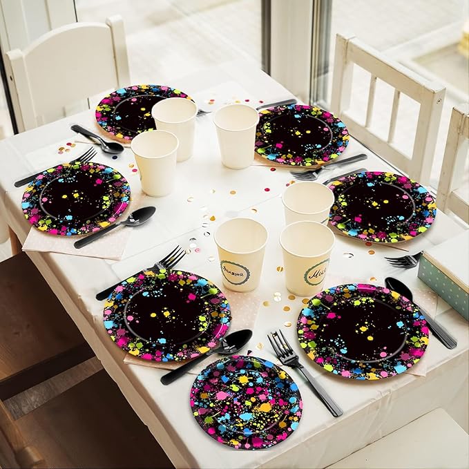 gisgfim 48 Pcs Neon Plates Party Supplies Glow Birthday Party Decorations Glow in Dark Paper Dessert Plates Disposable Neon Theme Birthday Graffiti Party Supplies Decoration Favors