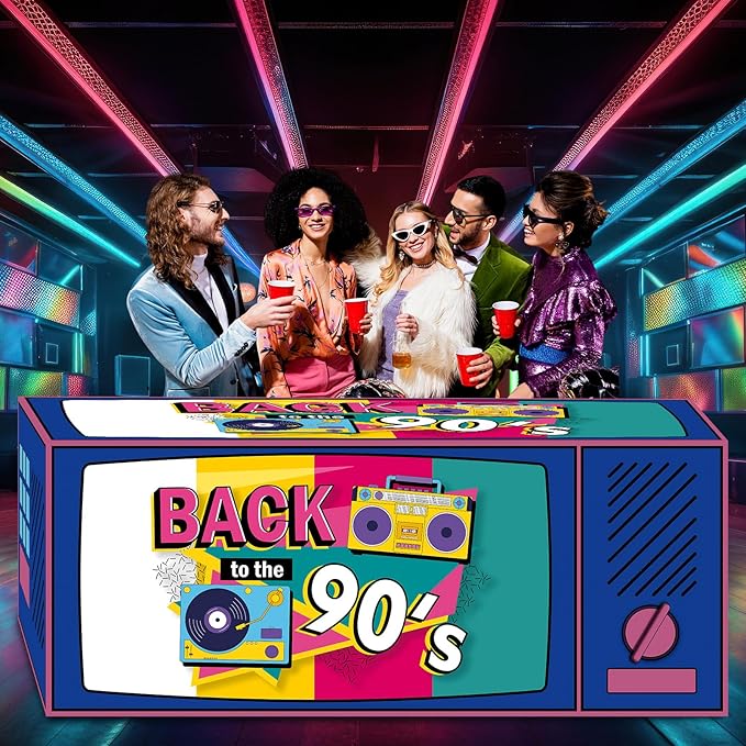 Oudain 6 ft 90s Theme Tablecloth 72 x 30'' Nostalgia Style Rectangle TV Table Cover Washable Fabric Polyester for Retro Back to The 90s Party Decorations Throwback Party Decorations