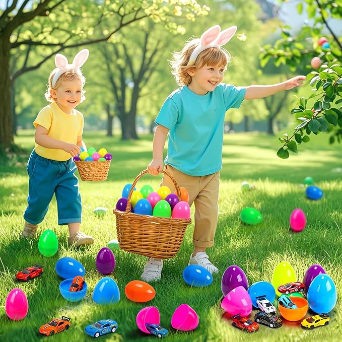 CUTE STONE 12 Pack Filled Easter Eggs with Alloy Racing Car Toy, Prefilled Easter Basket Stuffers Party Favors for Kids, Boys and Girls