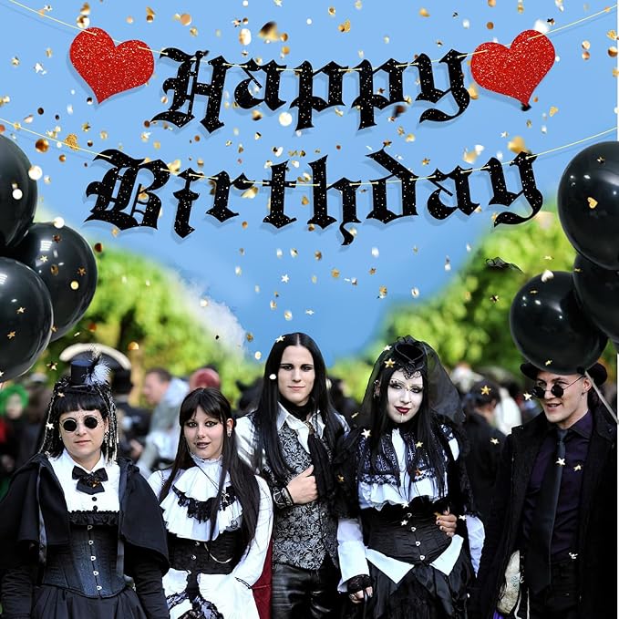 Pre-Strung Goth Birthday Decorations, No DIY Gothic Happy Banner Glitter Funeral Party Supplies
