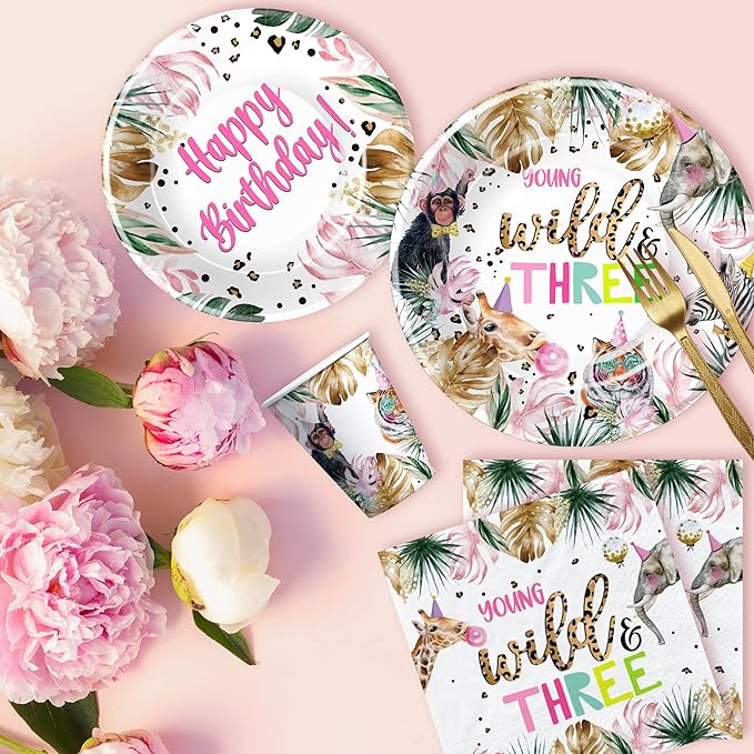 APOWBLS Young Wild And Three Decorations Girl Dinnerware, Safari 3rd Birthday Party Supplies, Plate, Cup, Napkin, Tablecloth, Cutlery, Straw, Animal Jungle 3 Year Old Birthday Decorations | Serves 24
