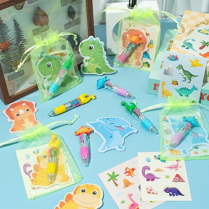 CY2SIDE Dinosaur Stationery Party Gift - 24 Pack Spring Stuffers Prizes with Dino 4-in-1 Ballpoint Pens Sticky Notes Stickers and Organza Animal Party Favors Goodie Bag Fillers for School Rewards