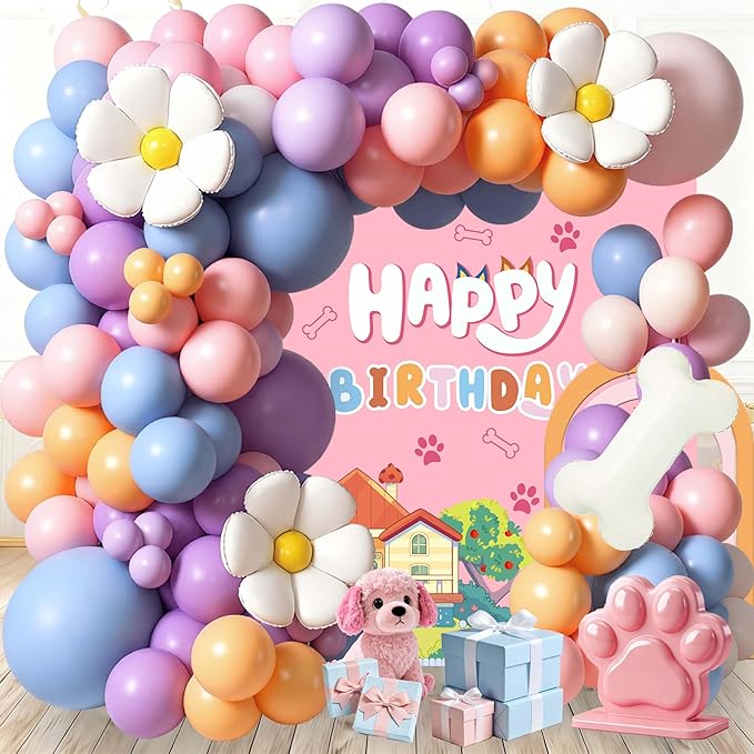 107Pcs Pastel Puppy Birthday Decorations for Girls, Macaron Pink Purple Blue Balloon Garland Arch Kit with Daisy Flower and Dog Bone Foil Balloons for Kids Pets Theme Party, Baby Shower Supplies