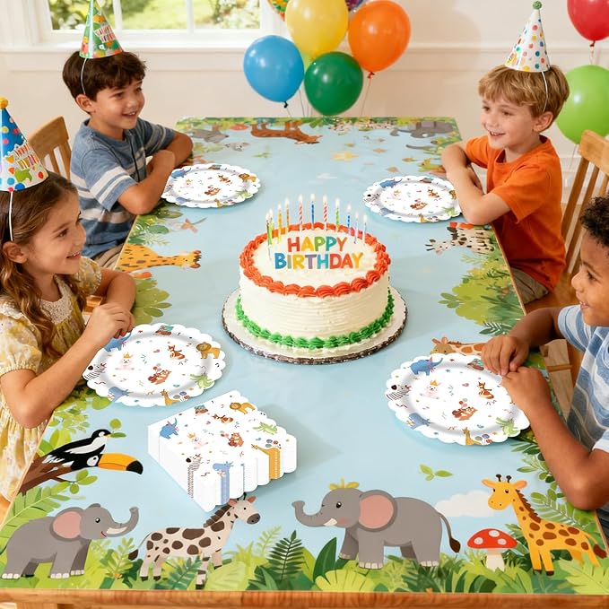 50pcs Animal Parade Paper Plates&Napkins Party Supplies-Scalloped Cute Disposable Animal Tableware White Birthday Dinner Plates for Kids Animal Zoo Birthday Baby Shower Party Celebrations Serves 25