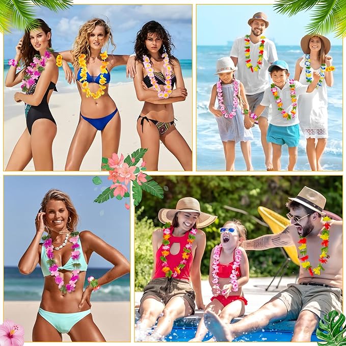 Moon Boat 60 Pieces Hawaiian Luau Leis - Tropical Tiki Hibiscus Flowers for Summer Pool Party Favors Supplies Decorations - 10 Styles