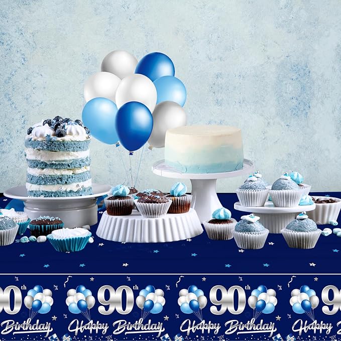 3 Packs 90th Birthday Tablecloth Decoration for Men, Blue Silver Happy 90th Birthday Table Cover Party Supplies, Ninety Years Old Birthday Disposable Rectangular Table Cloth Indoor Outdoor