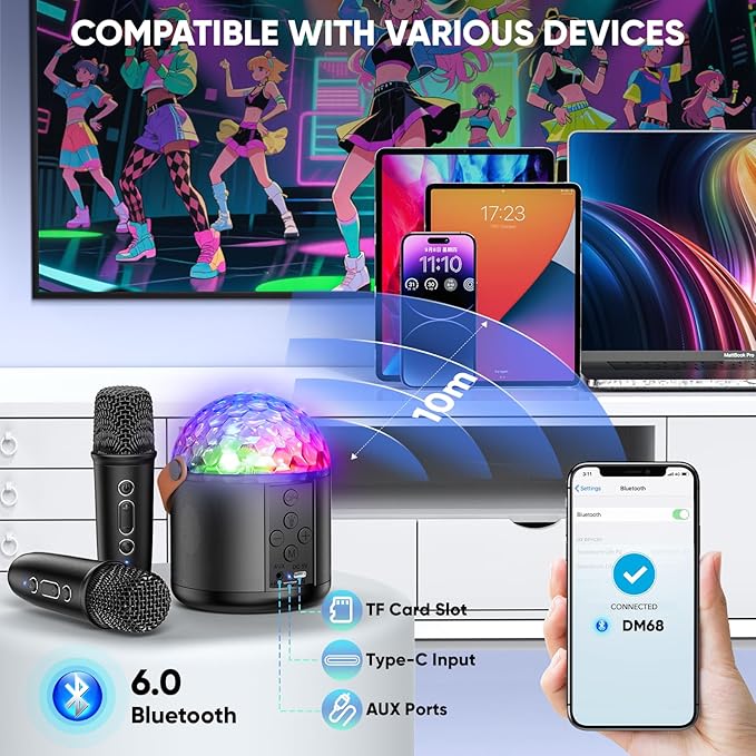 Karaoke Machine with Disco LED Lights for Adults Kids, Portable Bluetooth Speaker with 2 Wireless Microphone Toys Easter Birthday Gifts for Boys Girls Family Home Party