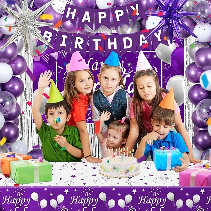 Purple Birthday Decorations for Women Girls, Lavender Purple Silver Party Decorations Kit with Happy Birthday Banner Backdrop Tablecloth Fringe Curtain Balloon Arch