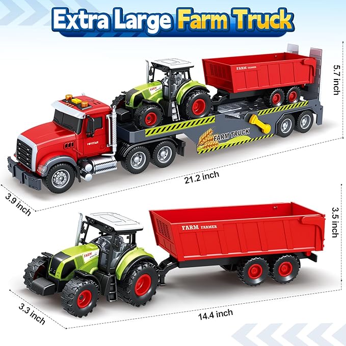 Toddler Boy Toys for 3 4 5 6 7 Years Kids, 21" Semi Flatbed Truck Toy with a Farm Truck, Friction Powered Vehicles Toys with Lights and Sounds, Birthday for Boy Girls