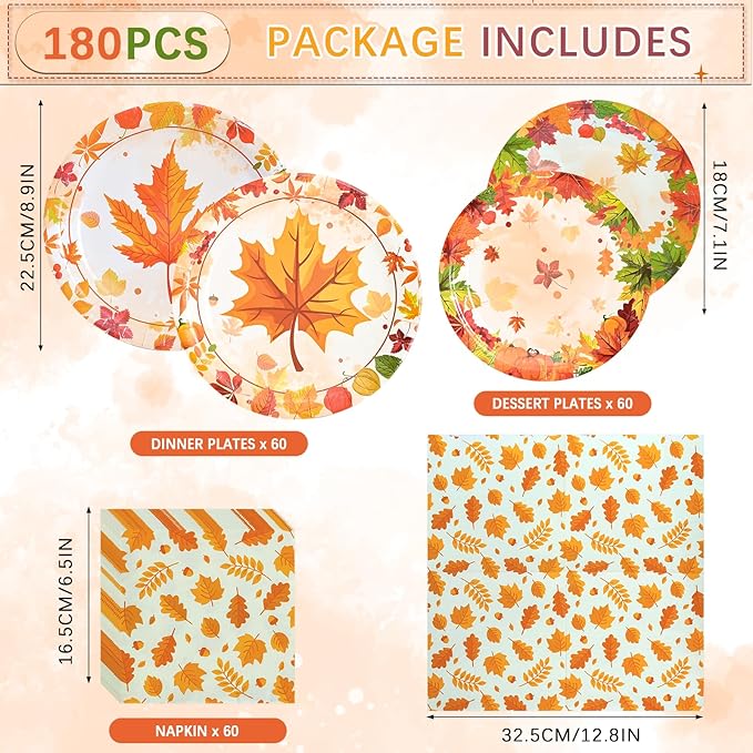 180Pcs Thanksgiving Paper Plates and Napkins Sets,Fall Plates and Napkins Disposable Fall Party Supplies for Thanksgiving Autumn Harvest Table Decor, 60 Guests