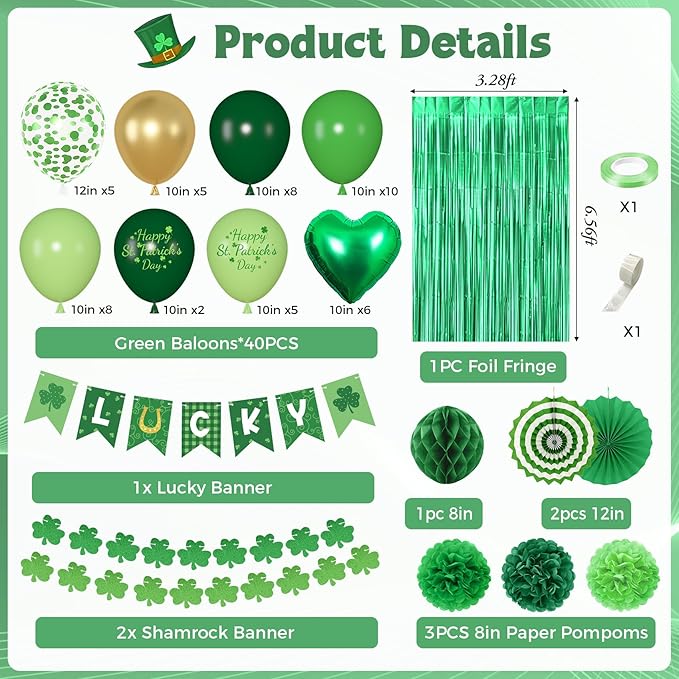 Green Party Decorations, Green Gold Printed Confetti Heart Balloons St Patricks Day Glitter Shamrock Garland Lucky Banners Foil Curtain Paper Fan Pompoms for Home Party Saint Patricks Party Supplies