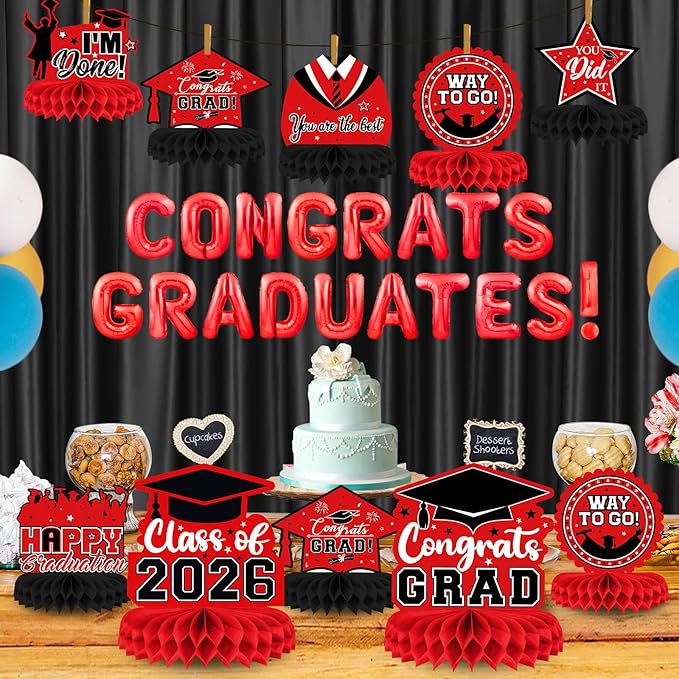 8 Pieces Class of 2026 Graduation Table Decorations - 2026 Congrats Grad Honeycomb Centerpieces, Red Black Graduation Table Toppers Decor for 2026 Graduation Party Decorations Favor Supplies