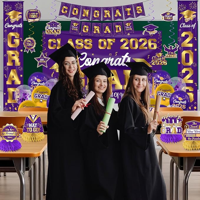 Graduation Decorations Class of 2026 Purple and Gold Graduation Party Decor Set include Congrats Grad Banner Backdrop Class of 2026 Balloons Party Supplies