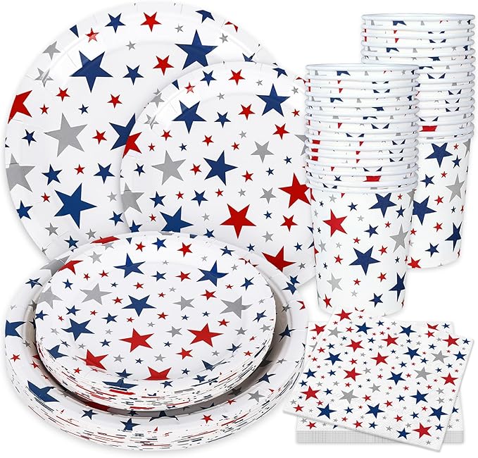 Whaline 96Pcs Patriotic Party Tableware Set with Paper Plates Napkins Cups Red Blue Silver Stars Independence Day Disposable Dinnerware Set for 4th of July Veterans Day Memorial Day Party Table Decor