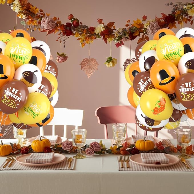 Thanksgiving Balloons, 12 Inch Brown Yellow Burnt Orange Coffee White Pumpkin Turkey Autumn Latex Balloons for Fall Thanksgiving Harvest Birthday Party Baby Shower Decorations