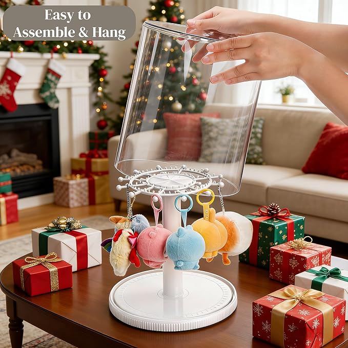 Rotating Display Case, 360° Clear Doll Display Stand, Blind Box Showcase for 6.7” Plush Dolls, Dustproof Collectible Toy Storage Organizer for Figurines, Keychain, Miniature, Jewelry (White)