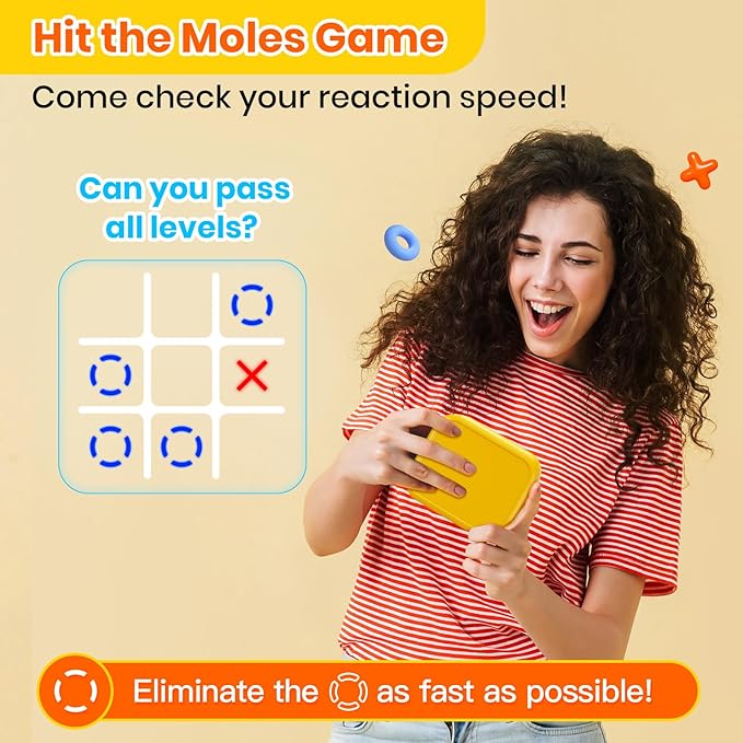 Rechargeable Tic Tac Toe Game Box, Upgraded 5 Fun Brain and Memory Games, Compact Handheld Game Console, Portable Puzzle Travel Game Ideal Gifts for All Ages 3+ (Yellow)